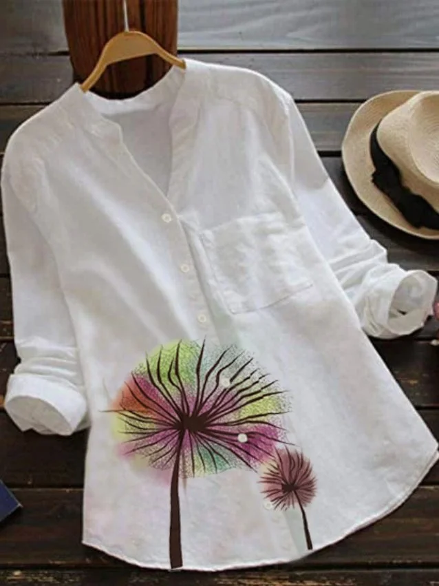 Long Sleeve V Neck Cotton-Blend Shirts & Tops Zaesvini