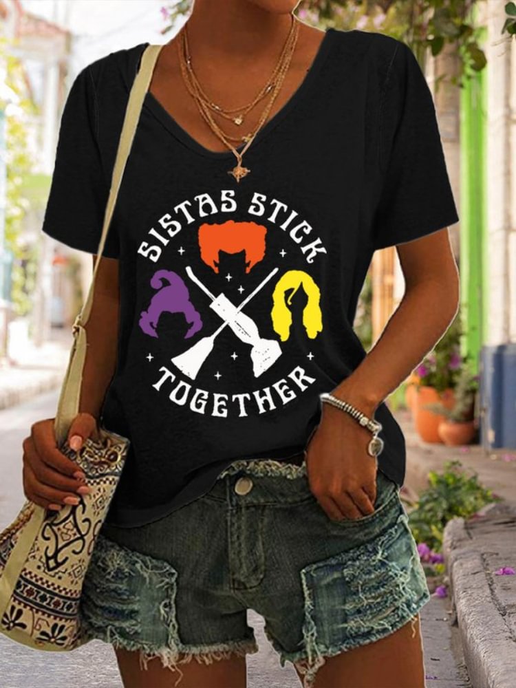 Halloween Sistas Stick Together Print Short Sleeve T-Shirt