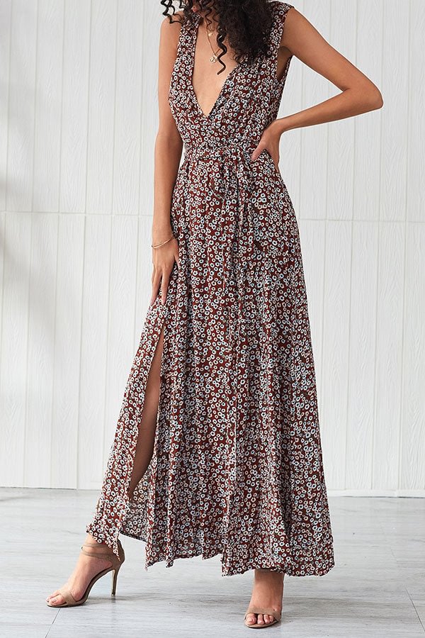 Deep V Neck Print Slit Dress - BlackFridayBuys