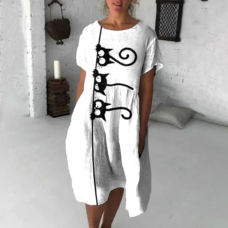 Vefave Cat Print Casual Midi Dress