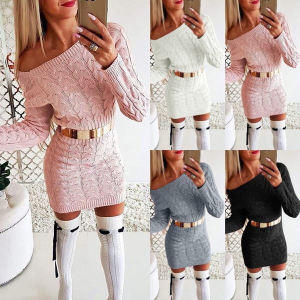 4 Color Spring Autumn New Women Fashion Long Sleeve Off Shoulder Knit Sweater Dress Plus Size Women Mini Dress Plus Size S-3XL - BlackFridayBuys