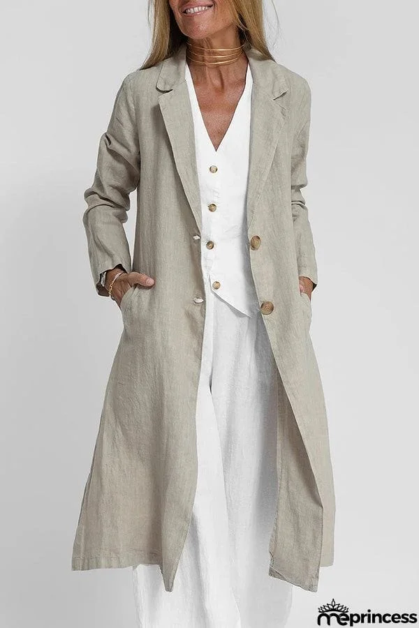 Vintage Linen Blend Pocketed Lightweight Midi Blazer Coat