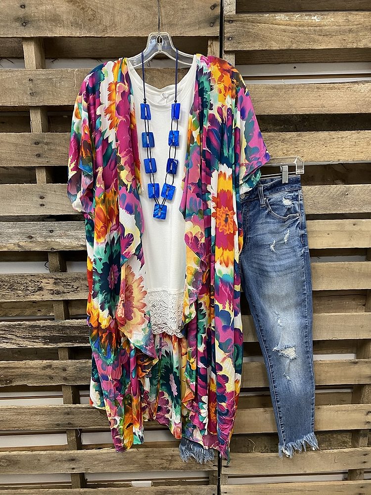 Bestdealfriday Sunflower Printed Tie Dye Contrast Sunscreen Coat 8838583