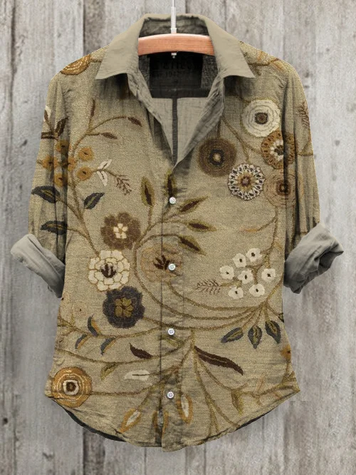 Women's Retro Floral Art Print Long Sleeve Cotton And Linen Shirt