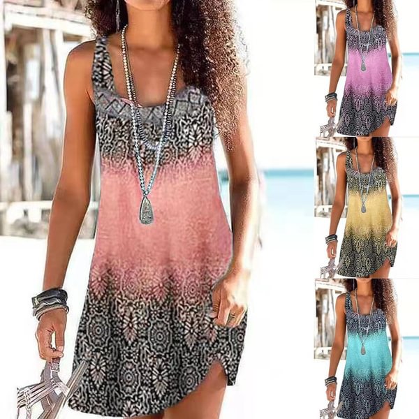 NEW Women's Fashion Bohemia Printed Dress Loose Casual Sleeveless Dress Floral Print Round Neck Dress Summer Plus Size - Shop Trendy Women's Clothing | LoverChic