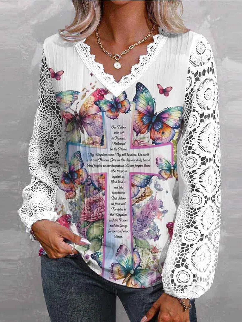 Women Long Sleeve V-neck Printed Graphic Butterfly Lace Tops