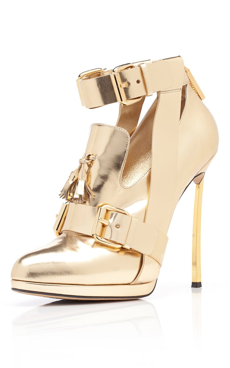 Women's Golden Stiletto Heels Ankle Strap Buckle Pumps Shoes |FSJ Shoes
