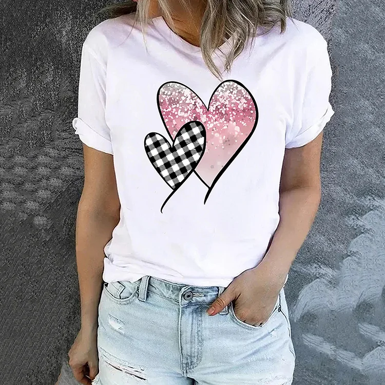 Vefave Casual Heart Pink Floral Check T-Shirt