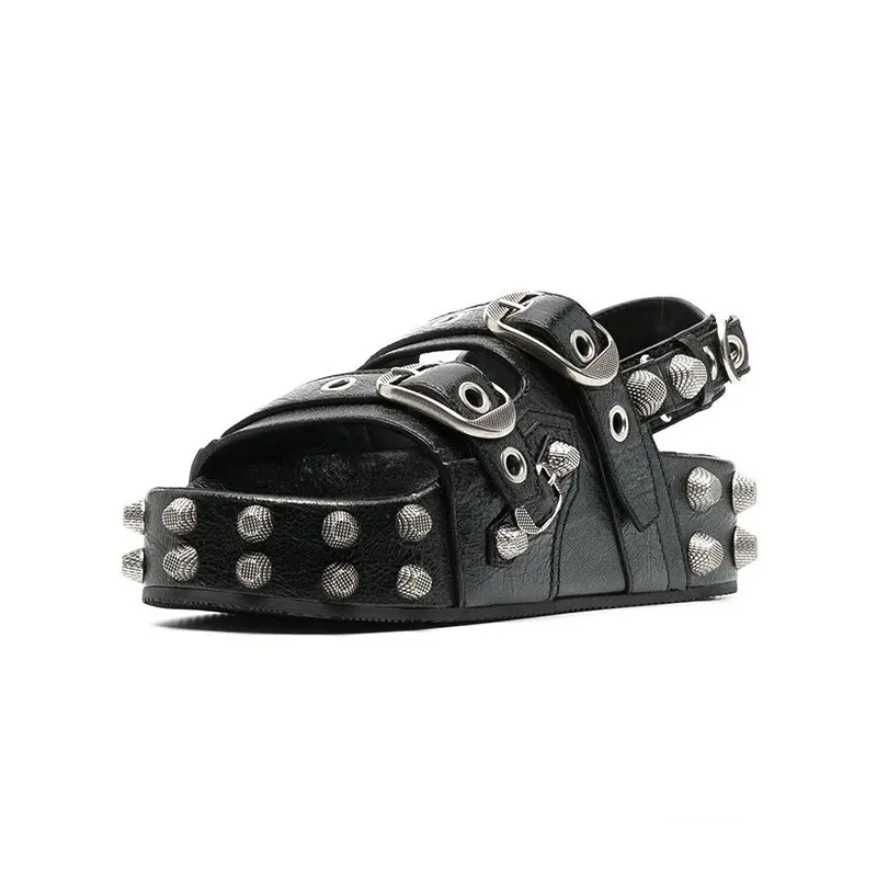 VCSHOES Black Textured Studs Buckles Open Toe Platform Sandals Woman Unisex Slingback Slippers Shoes For Women