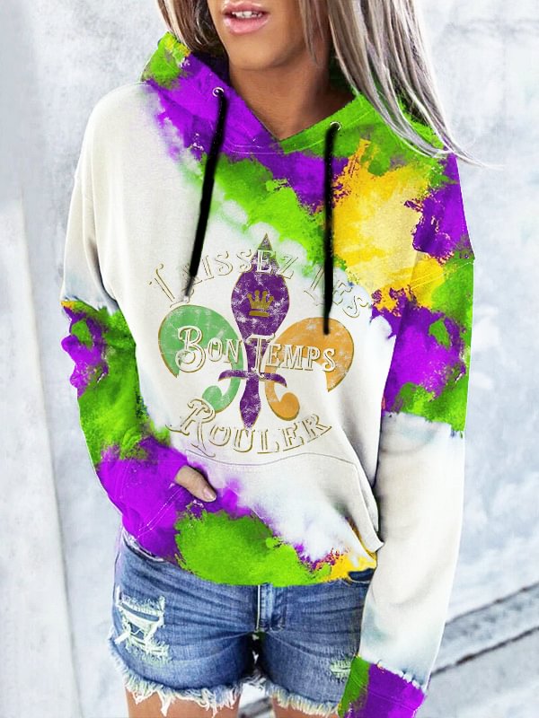 Mardi Gras Fleur De Lis Print Long Sleeve Casual Hoodie