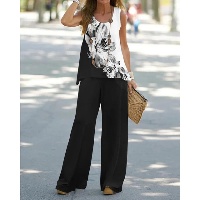 Summer Office Elegant Printed Cotton Casual O-Neck Top + Wide Leg Pants Two Pieces