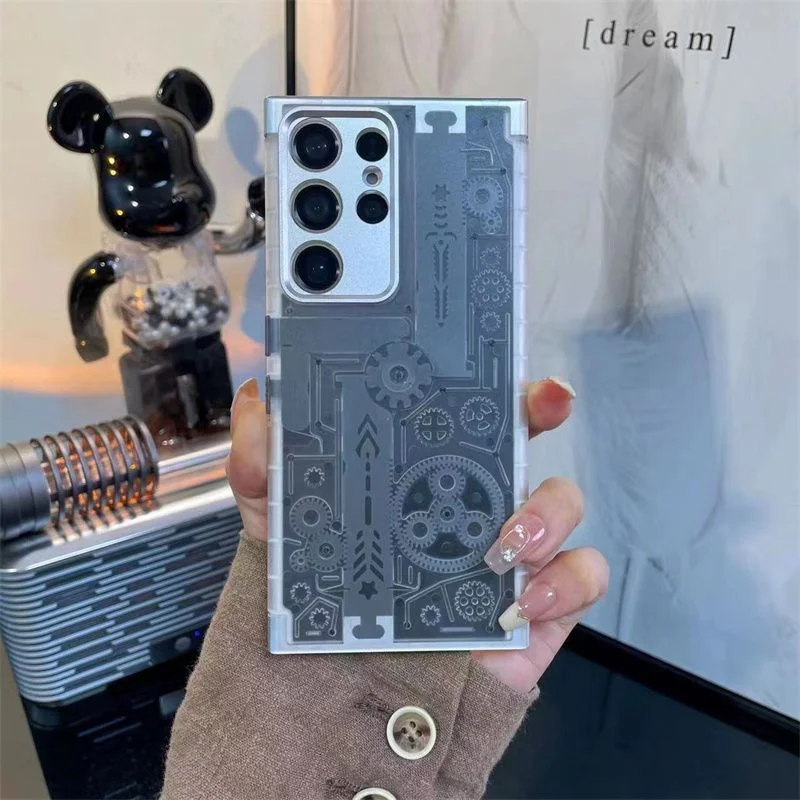 Stress-relieving Borderless Rotatable Cyberpunk Mechanical Gear Matte Phone Case With Metal Lens Frame For Samsung Galaxy S23/S23+/S23 Ultra