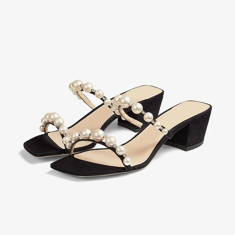Black Vegan Suede Pearl Shoes Block Heel Square Toe Mules Sandals |FSJ Shoes
