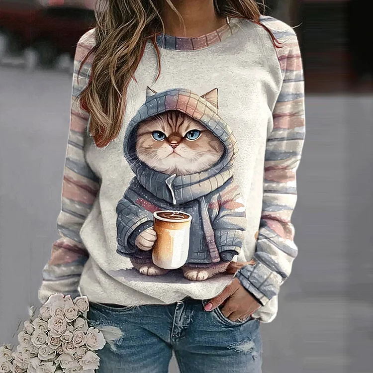 VChics Winter Funny Cute Wonderland Clothing Cat Print Sweatshirt