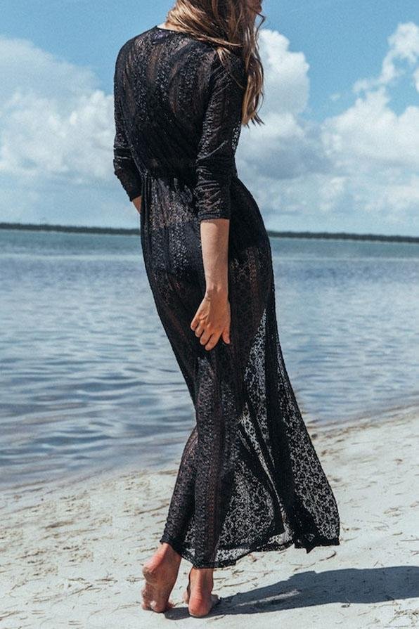 Black Boho Sheer Lace Long Sexy Beach Cover Up Dress - Shop Trendy Women's Clothing | LoverChic