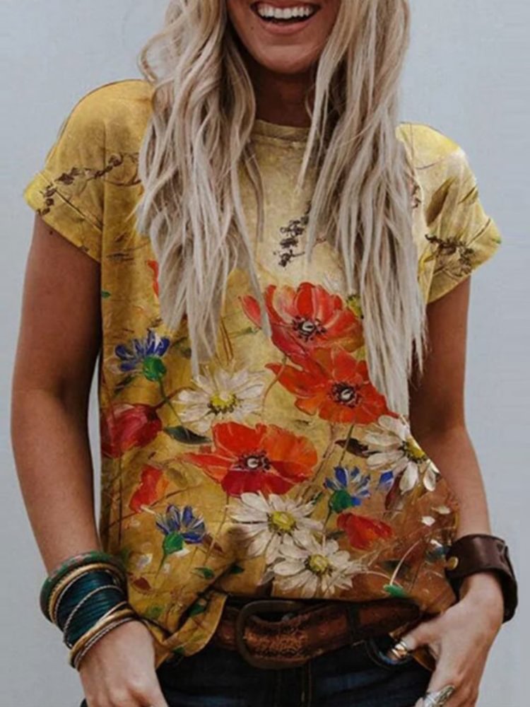 Vefave Floral Print Comfy T Shirt