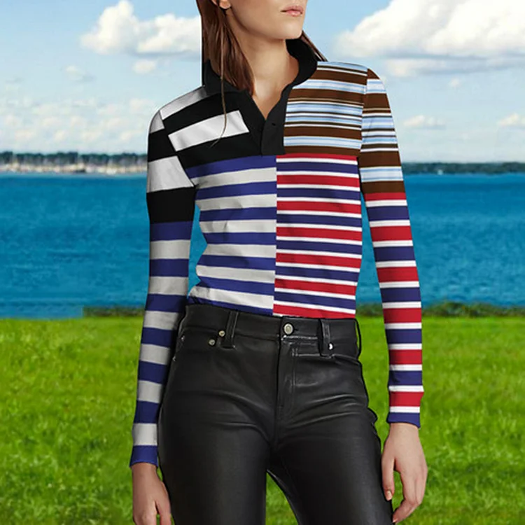 Vefave Stand Collar Colorful Irregular Stripe Stitching POLO Shirt
