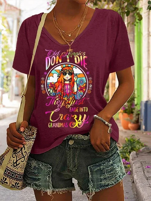 Women's Funny Old Hippies Don't Die They Just Fade Into Crazy Grandmas V-Neck Tee