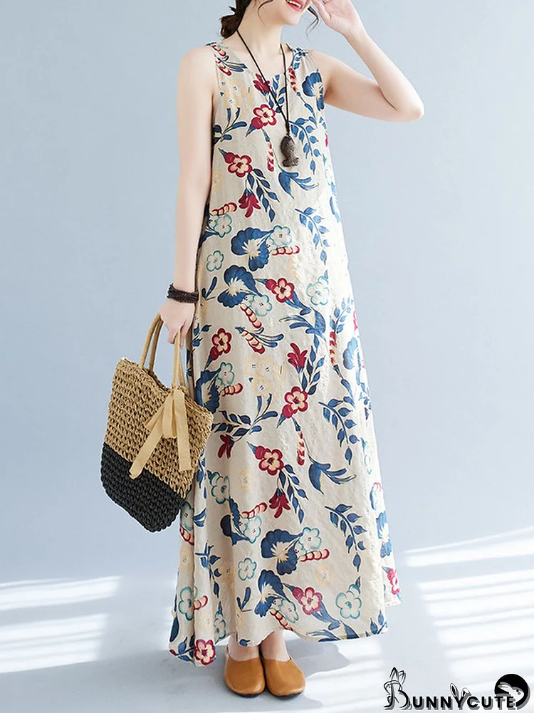 Loose Sleeveless Floral Printed Round-Neck Maxi Dresses