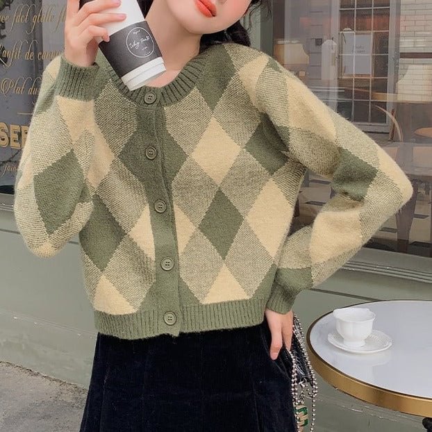 Dark Academia Green/Coffee Grids Sweater Cardigan SS2331