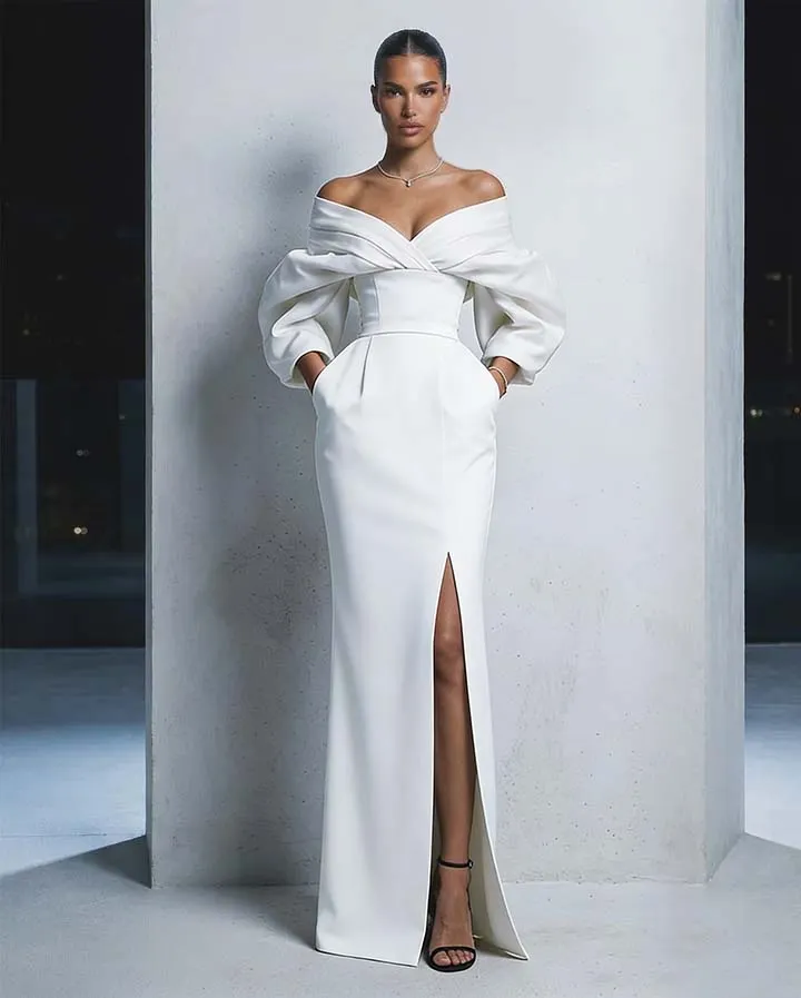 Lussooy Charming Long Sleeves Black And White Off-The-Shoulder Split Prom Dress