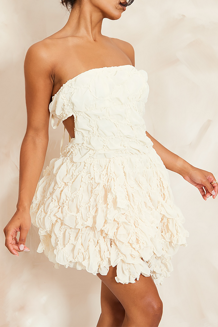 Strapless Open Back Textured Petal A-Line Mini Dresses-Ivory [Pre Order]
