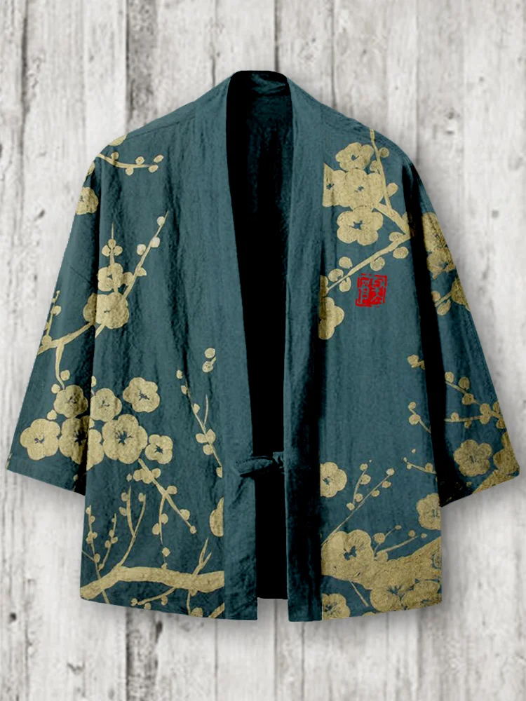 Comstylish Japanese Plum Blossom Art Linen Blend Kimono Cardigan