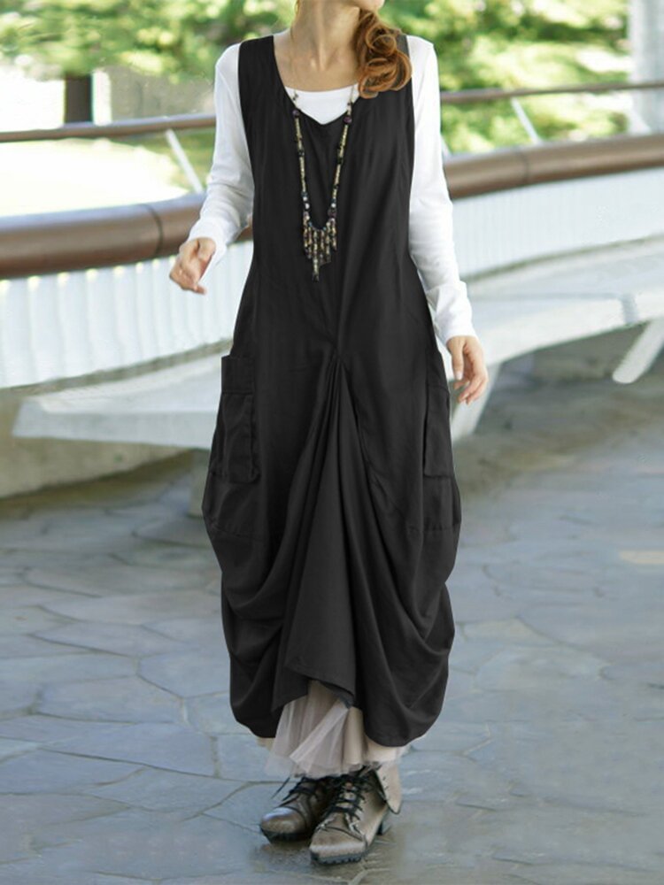 Irregular Solid Color Sleeveless Loose Dress For Women