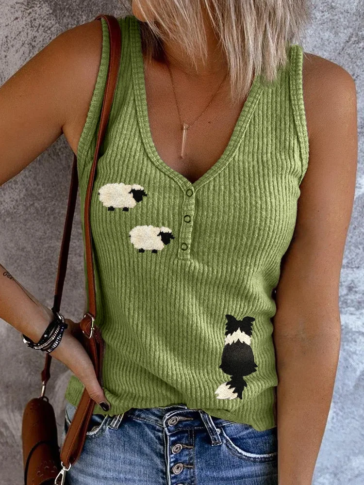 Comstylish Border Collie & Sheep Embroidered Button Up Tank Top