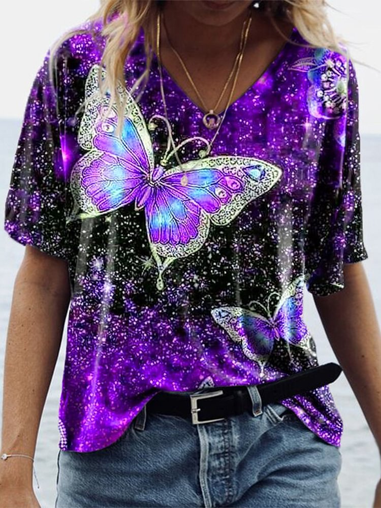 Women Butterfly Short Sleeve V Neck Print T Shirt P169415081