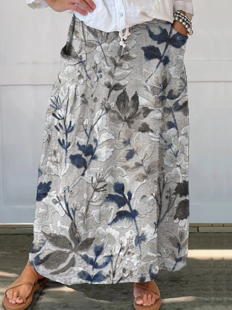 Comstylish Elegant Floral Embroidery Linen Pocket Half Skirt