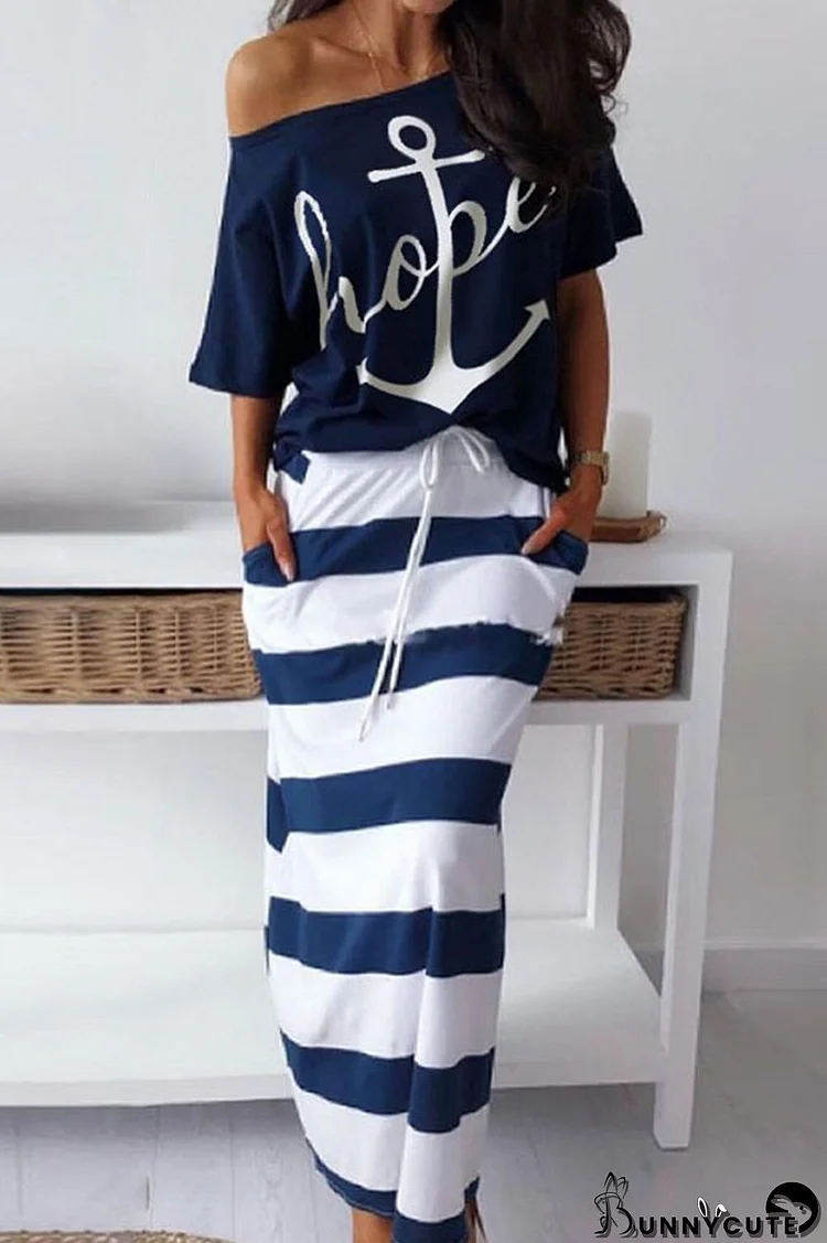 Deep Blue Fashion Casual Print Basic Oblique Collar Half Sleeve Two Pieces
