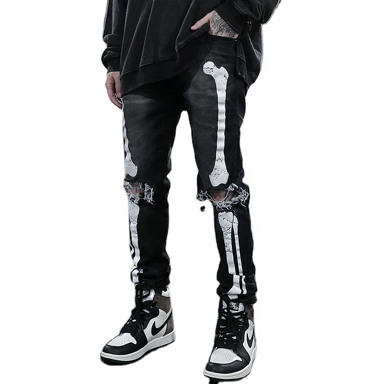 custom printed bones black mens jeans