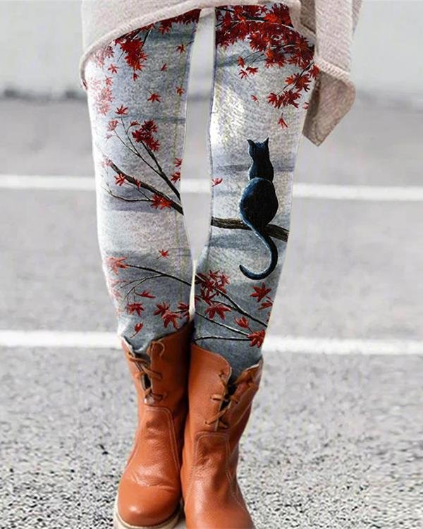 Cat Printed Leggings Casual Milk Fabric Pants - Chicaggo