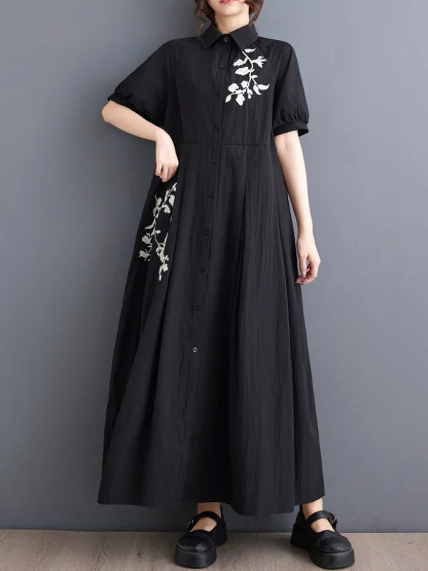 Embroidered High-Waisted  Cotton Linen Short-Sleeved Midi Dress