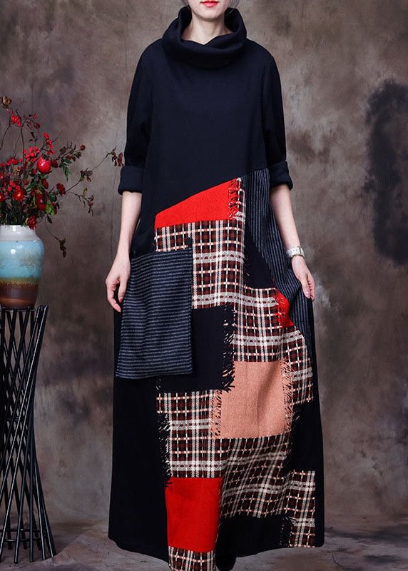 Women Black Turtle Neck Patchwork Woolen Dress