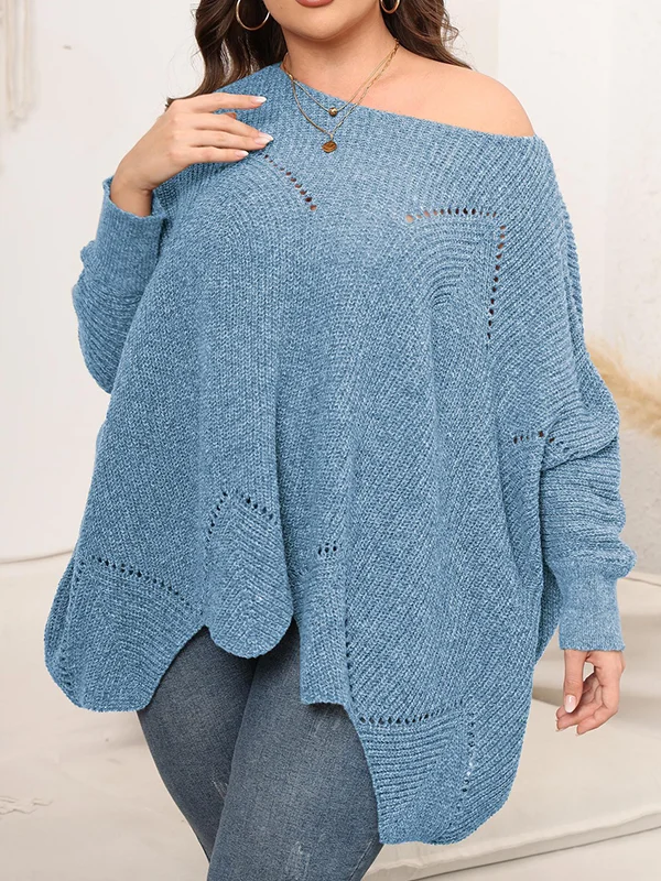 Hollow Solid Color Batwing Sleeves Long Sleeves Round-neck Sweater Tops Pullovers