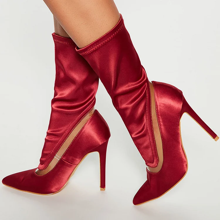 Burgundy Stiletto Boots Elagant Pointed Satin Shoes Mid Calf Boot |FSJ Shoes