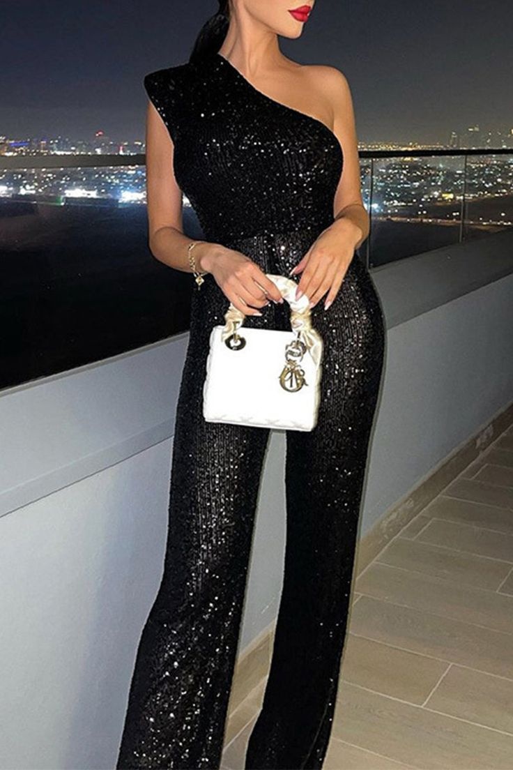 Daisda Simple Sequins Black One Shoulder Sleeveless Long Wid Leg Jumpsuit