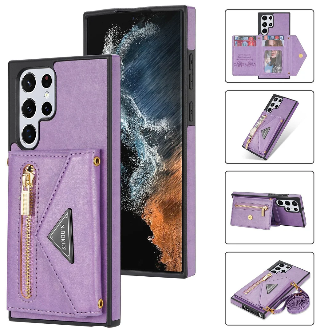 Triangle Crossbody Leather Phone Case With Wallet Cards Holder,Zipper Slot,Kickstand And Detachable Lanyard For Galaxy S22/S22+/S22 Ultra/S23/S23+/S23 Ultra