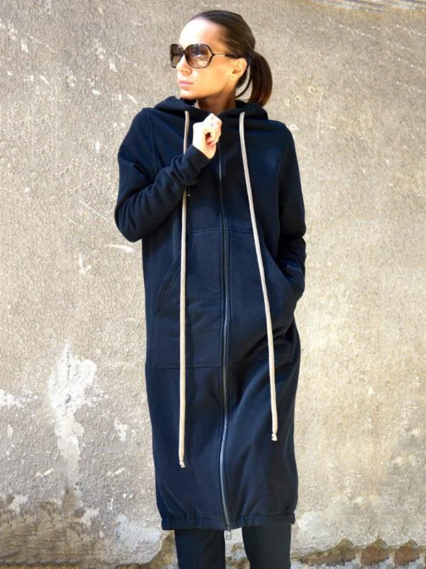 Navy-Blue Warm Zipper Long Outwear