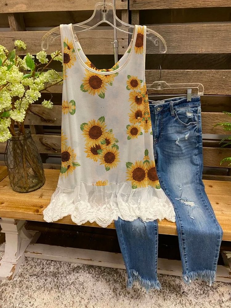 Bestdealfriday Sunflower Stitching Lace Cute Vest Top