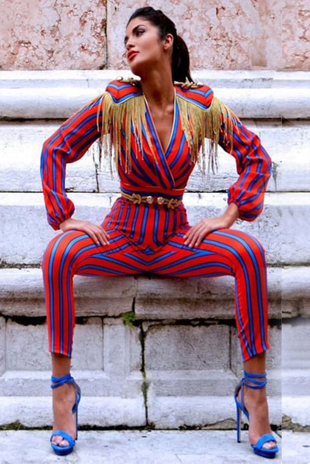 Two Tones V-neck Casual Jumpsuit With Long Sleeves - BlackFridayBuys