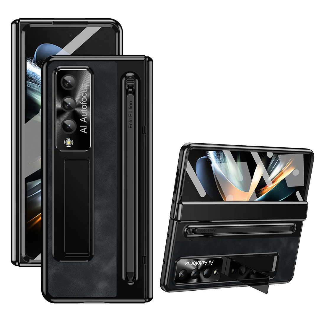 Luxury Retro Leather Phone Case With Kickstand,Stylus,Stylus Slot,Screen Protector And Hinge For Galaxy Z Fold4/Fold5
