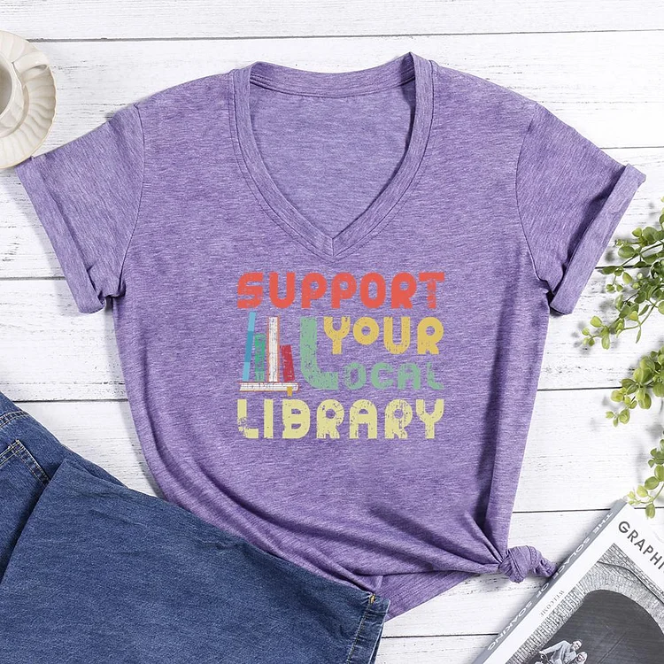 Support Your Local Library V-neck T Shirt-03089