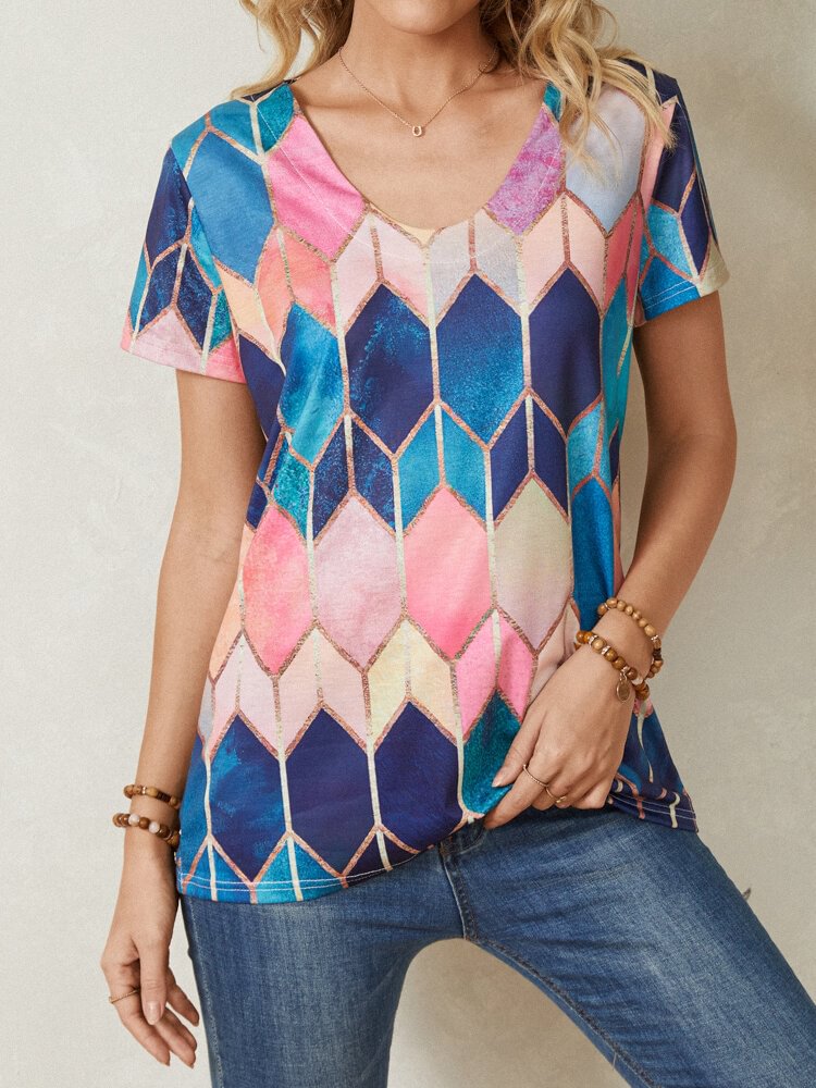 Geometric Print V neck Short Sleeve Casual T Shirt For Women P1820976