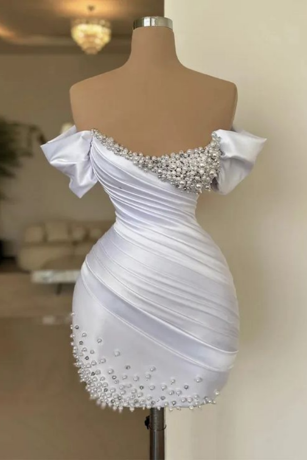 Lussooy Stunning Satin Beaded Off the Shoulder Pleated Short Homecoming Dress
