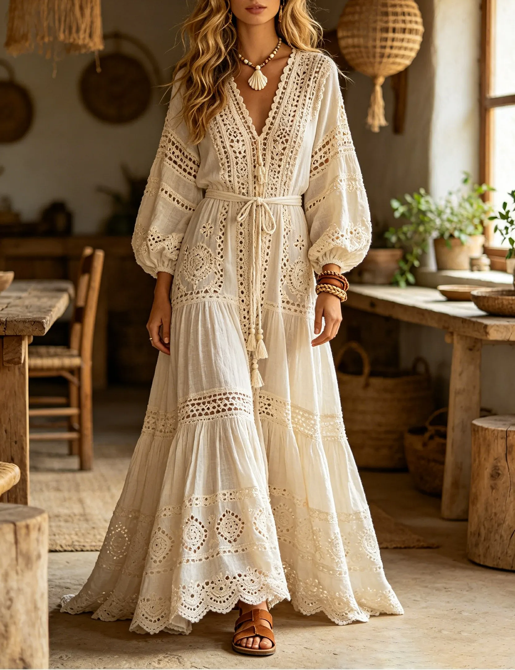 off shoulder crochet maxi dress Women's Off-Shoulder with Lace & Tassel Belt Midi dress Size:Stitched Ready To Wear-Size 42 VBMDressshirts Black and Beige Knit fluttering mini dress with