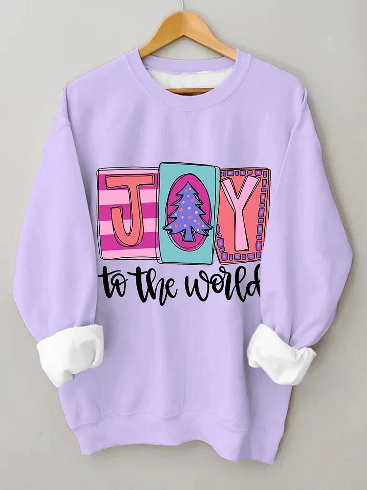 Women's Purple Pink Christmas Joy To The World Christmas Tree Print Sweatshirt socialshop