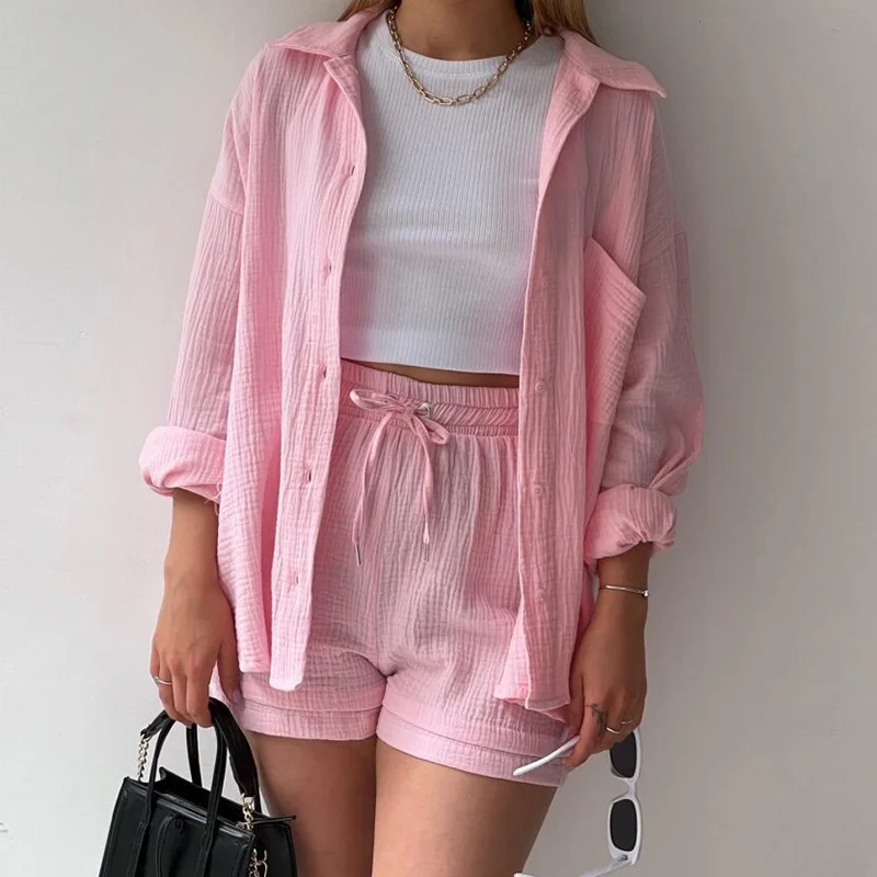 Women's Two-piece Ruffled Collar Long Sleeved Shirt With High Waisted Drawstring Shorts